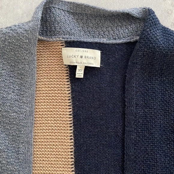 Lucky Brand Patchwork Open Long Cardigan Navy Gray Tan Textured Loose size XS - Picture 7 of 12
